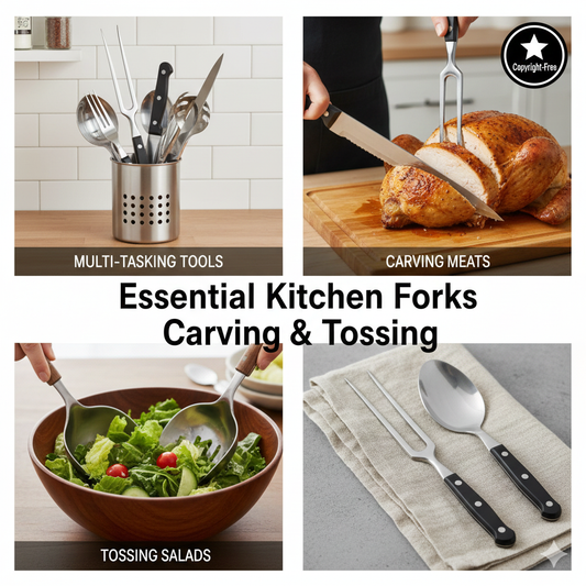A stainless steel two-prong carving fork holding a roasted chicken steady next to a pair of wooden salad servers in a bowl of fresh greens.