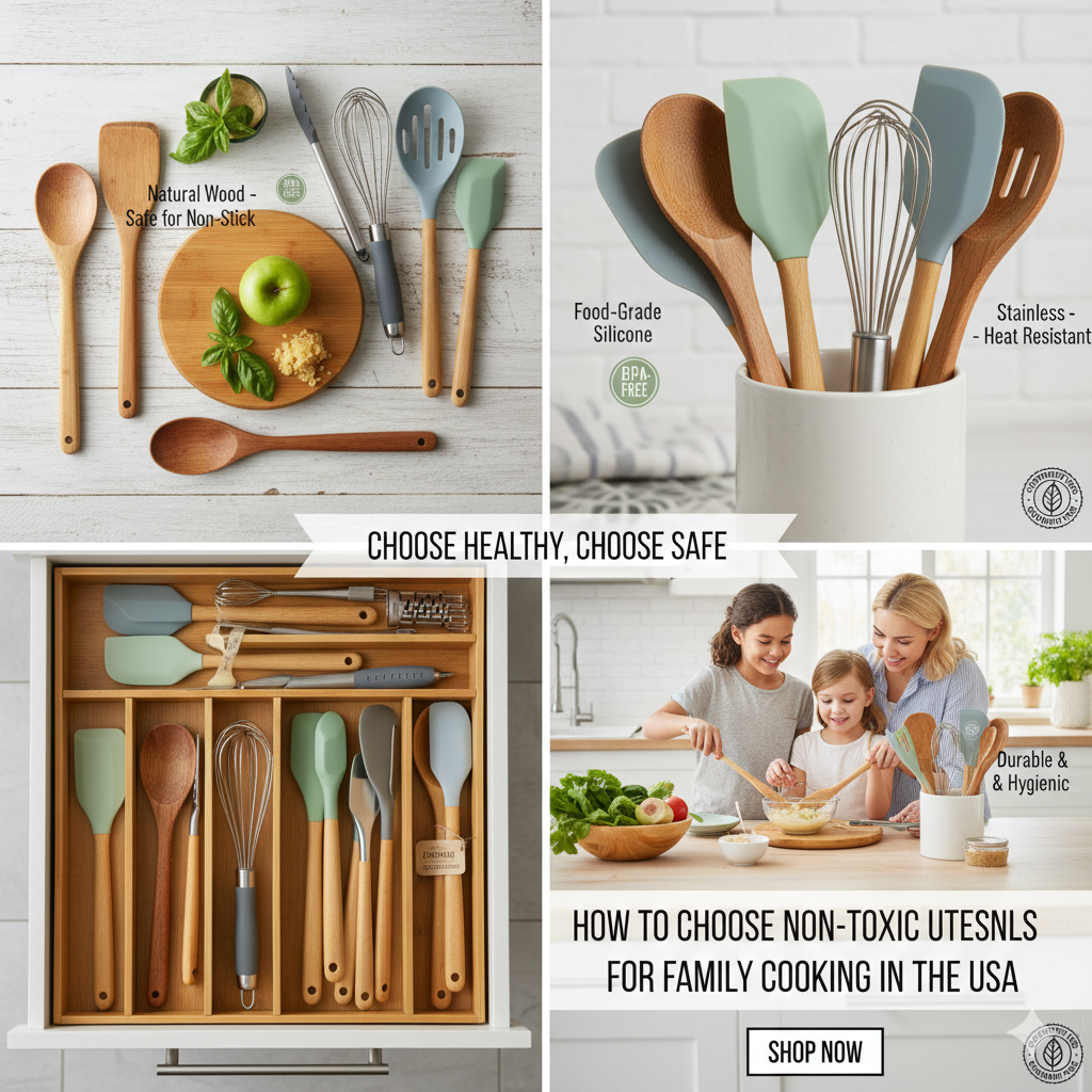 A flat lay of healthy non-toxic cooking tools including a natural wooden spoon, a stainless steel whisk, and a BPA-free mint green silicone spatula on a white wooden background.