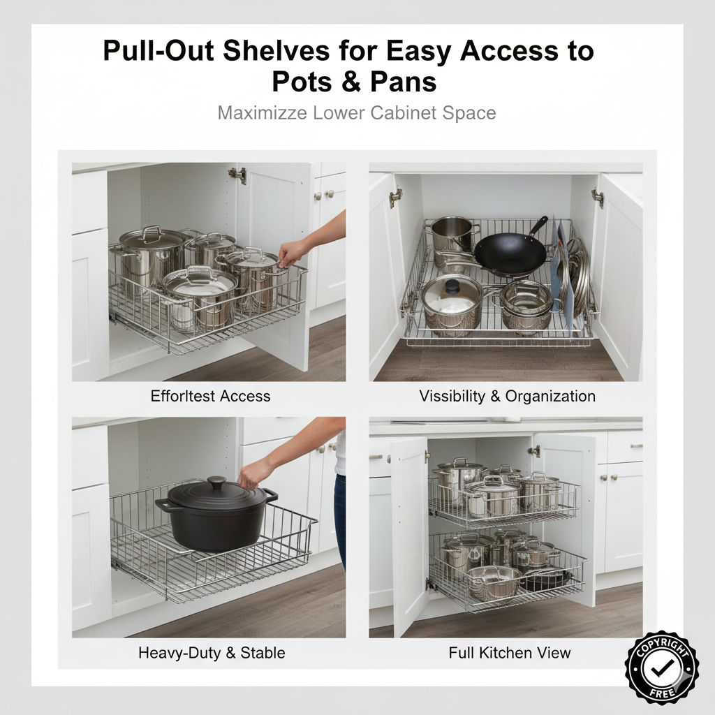 A high-quality wooden pull-out shelf sliding out from a lower kitchen cabinet, holding a neatly organized set of stainless steel pots and pans.
