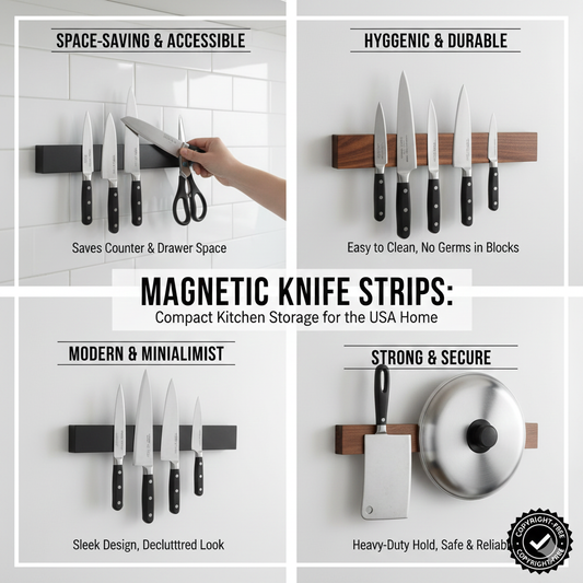 A wall-mounted walnut magnetic knife strip holding a professional set of stainless steel kitchen knives against a modern white tile backsplash.