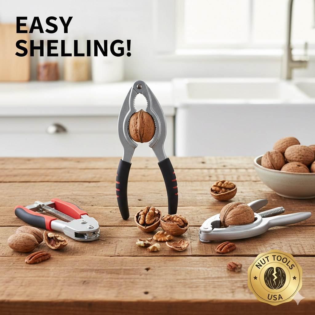 Several silver metal nut crackers and a bowl of whole walnuts and pecans on a rustic wooden table, showing clean-cracked shells.