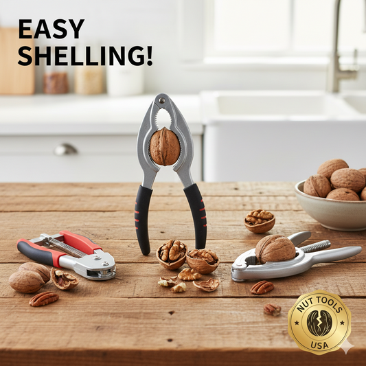 Several silver metal nut crackers and a bowl of whole walnuts and pecans on a rustic wooden table, showing clean-cracked shells.