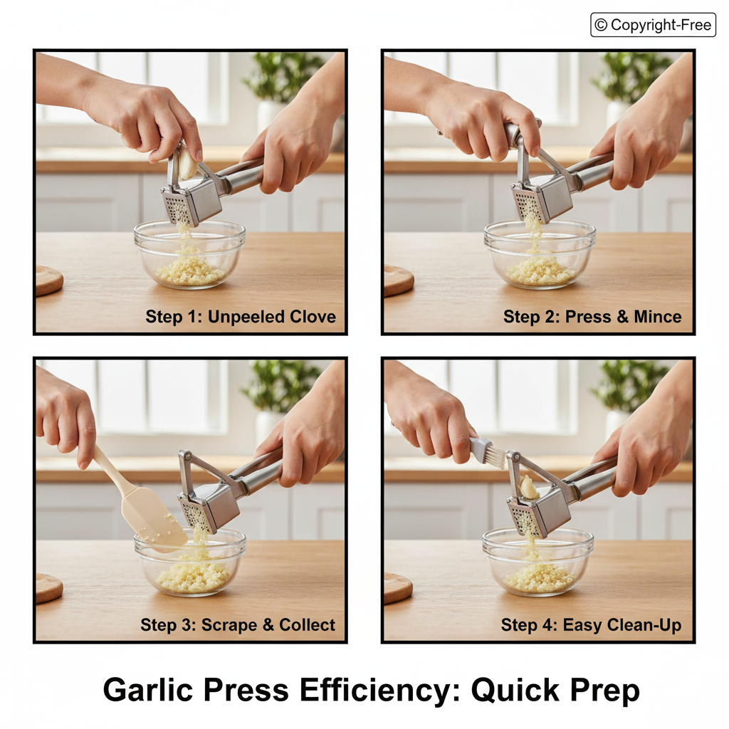 A stainless steel garlic press squeezing minced garlic into a bowl, showing the efficient removal of garlic skin and easy prep.