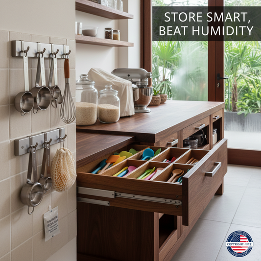 A clean, organized kitchen showing ventilated wooden drawers and wall-mounted racks to prevent moisture buildup on gadgets.