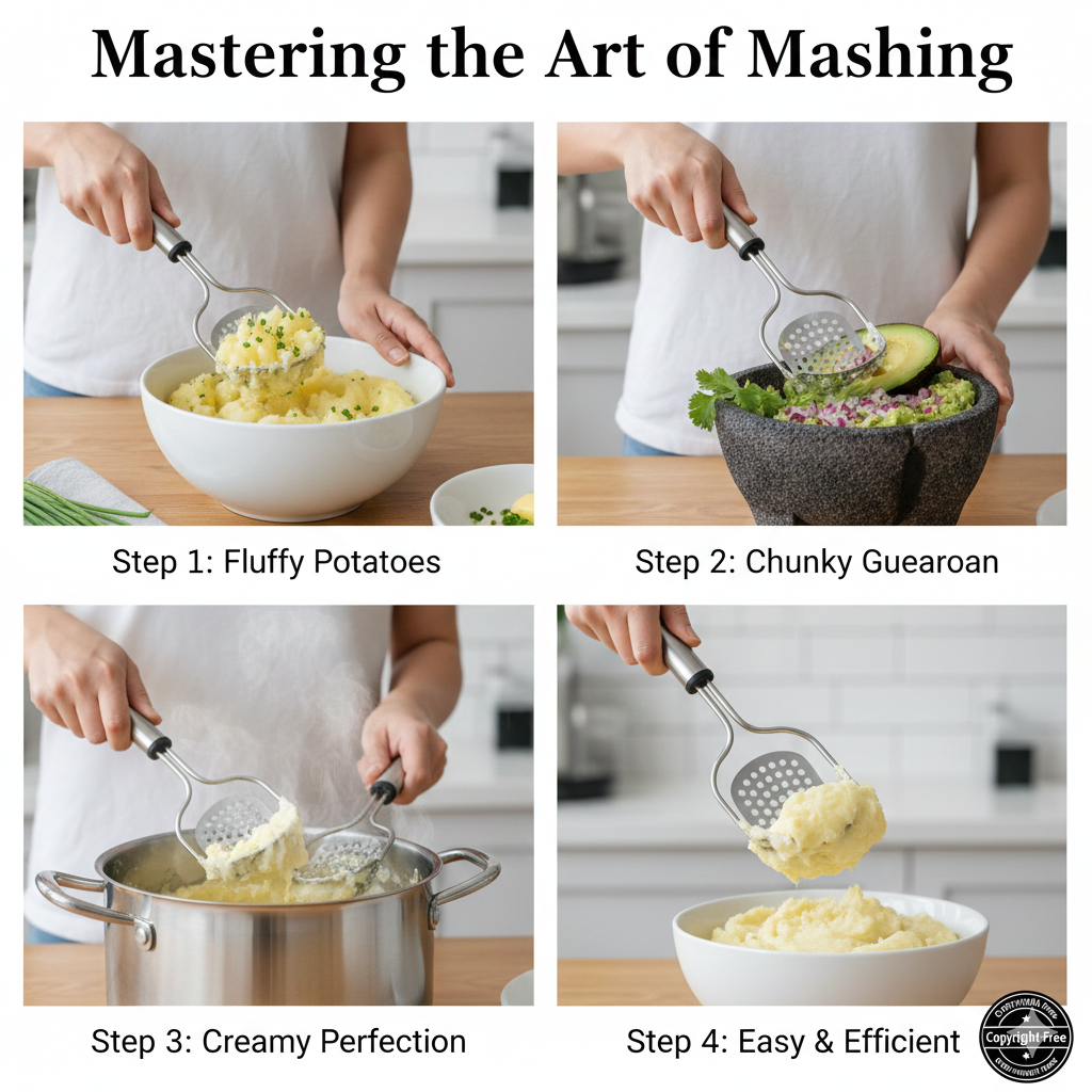 A stainless steel grid-style potato masher mashing boiled potatoes in a pot, demonstrating how to achieve a smooth and creamy texture.