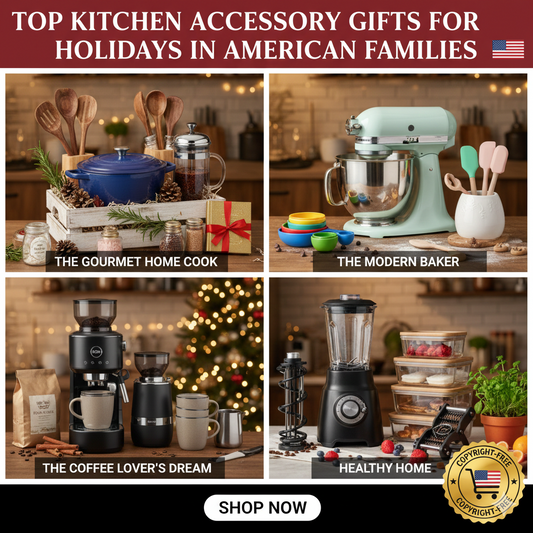A festive collection of top holiday kitchen gifts including a blue Dutch oven, a silver stand mixer, and personalized wooden cutting boards.