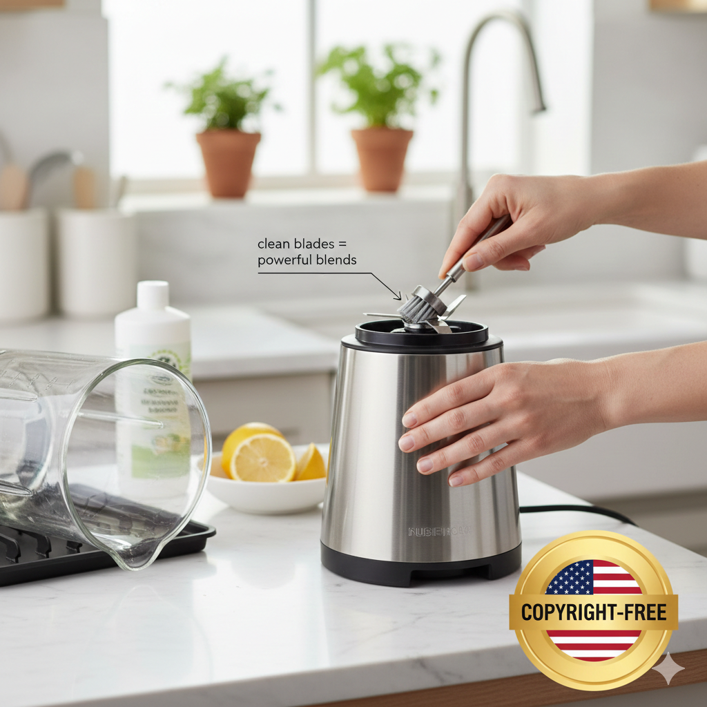 A close-up of a high-quality stainless steel blender base being cleaned with a small brush to maintain the motor and blades.