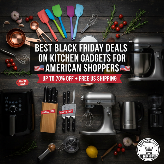 A Black Friday promotional banner showing a sleek air fryer and a stand mixer with a red 'Sale' tag against a dark kitchen background.