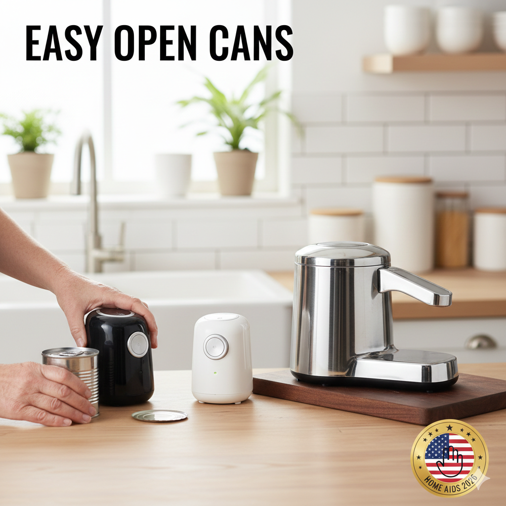 A person using a sleek, black one-touch electric can opener on a kitchen counter to safely open a tin can without hand strain.