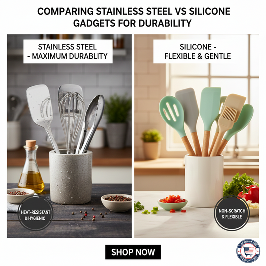 A side-by-side comparison of a durable stainless steel whisk and a flexible silicone spatula, highlighting the pros and cons of each material for cooking.