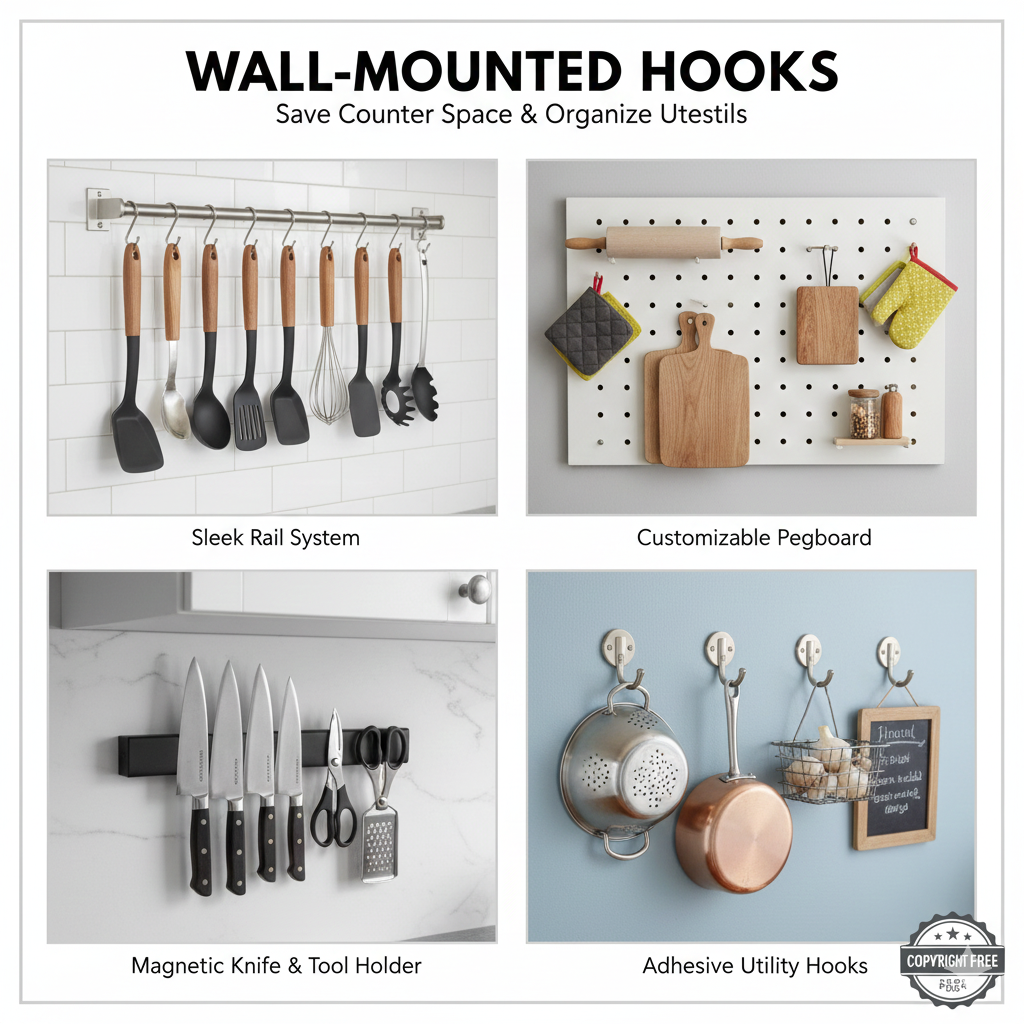 A sleek stainless steel wall-mounted rail with hooks holding a variety of kitchen utensils like spatulas and whisks against a modern tile backsplash.