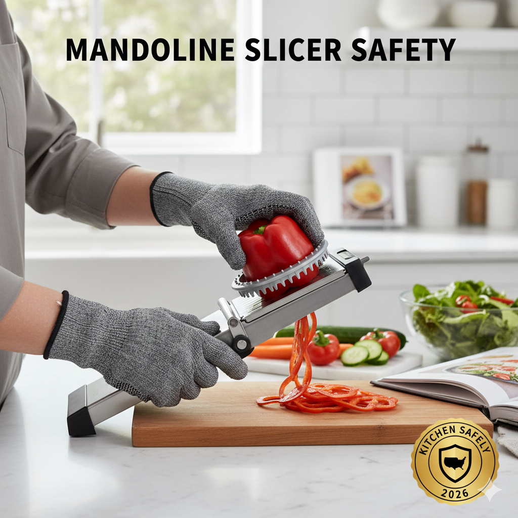 A person wearing a grey cut-resistant safety glove using a professional mandoline slicer with a food guard to create uniform red pepper slices.