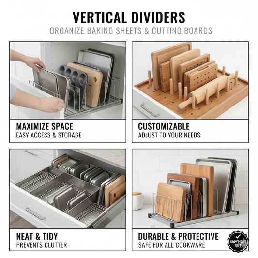 A kitchen cabinet with chrome vertical dividers holding baking sheets and wooden cutting boards in an upright, organized position.