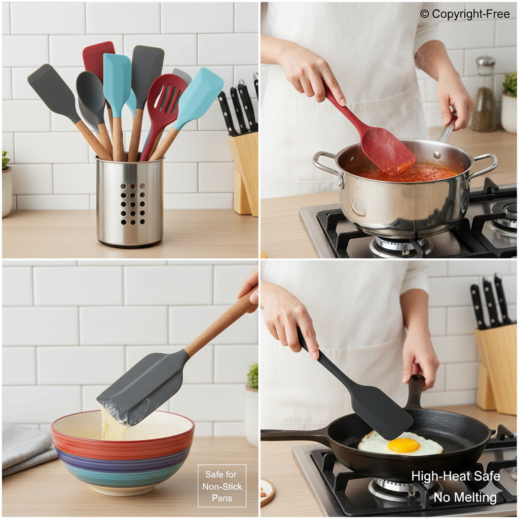 A variety of high-heat silicone spatulas in different colors and shapes, showcasing seamless designs and flexible heads for modern kitchen use.