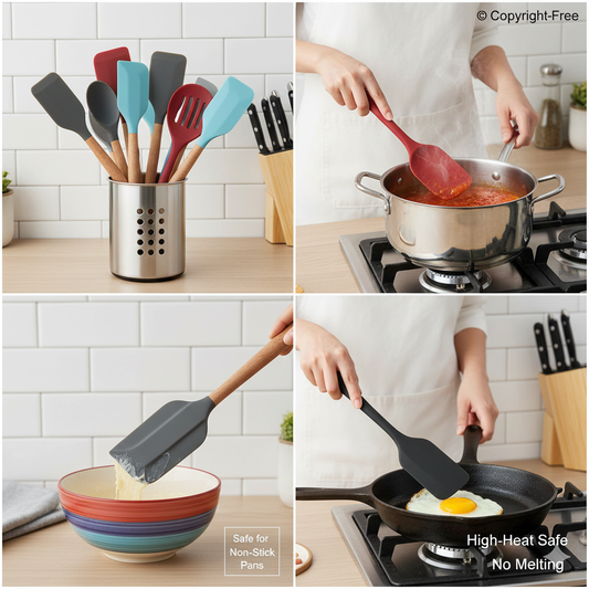 A variety of high-heat silicone spatulas in different colors and shapes, showcasing seamless designs and flexible heads for modern kitchen use.