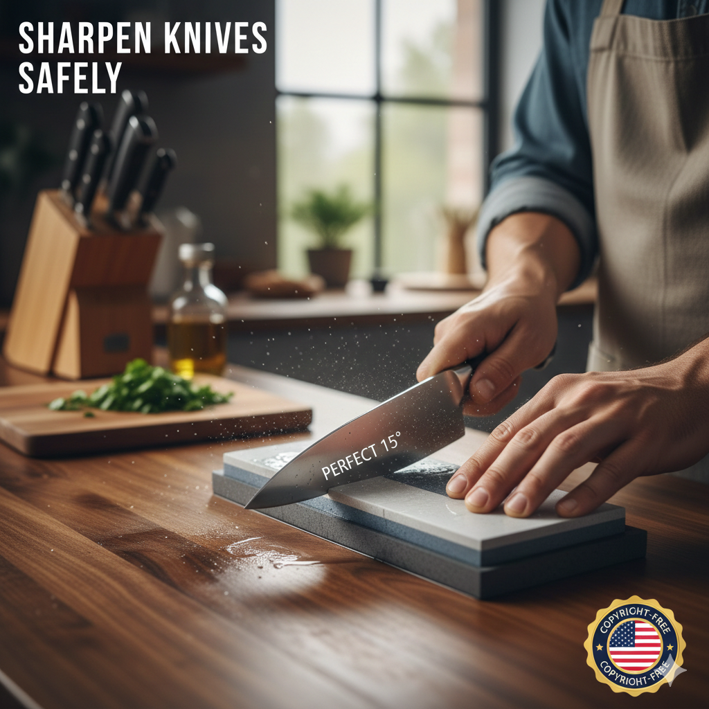 A professional chef using a whetstone at a 15-degree angle to sharpen a kitchen knife on a wooden countertop.