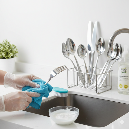 A person wearing blue cleaning gloves using a microfiber cloth to dry stainless steel forks and spoons over a kitchen sink