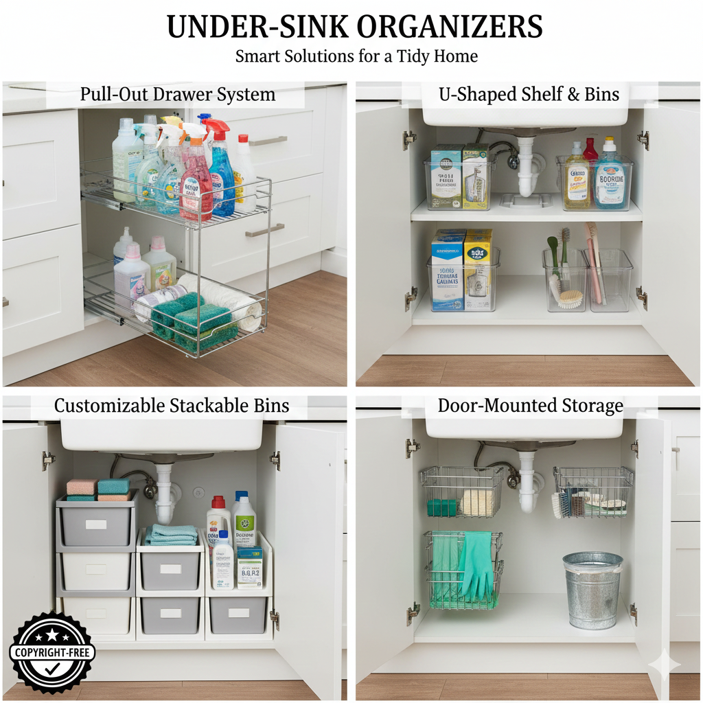 A two-tier L-shaped under-sink organizer with sliding drawers, neatly holding colorful cleaning spray bottles and a roll of trash bags around kitchen plumbing.