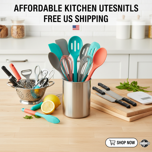 A variety of colorful silicone kitchen utensils in a stainless steel holder on a clean wooden counter, ready for shipping.