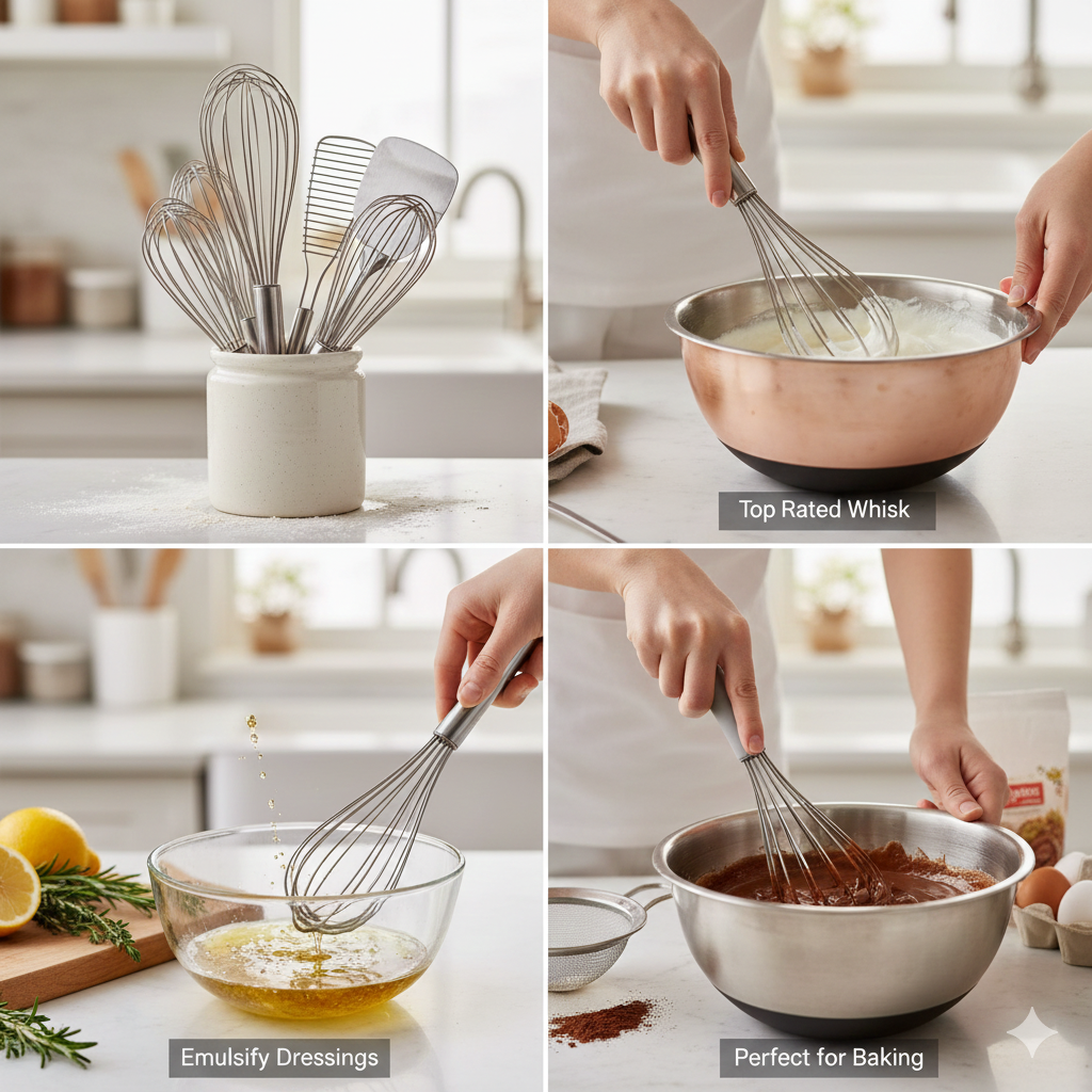 A professional kitchen setup featuring a stainless steel balloon whisk, a flat whisk, and a silicone-coated whisk next to a bowl of whipped cream and salad dressing.