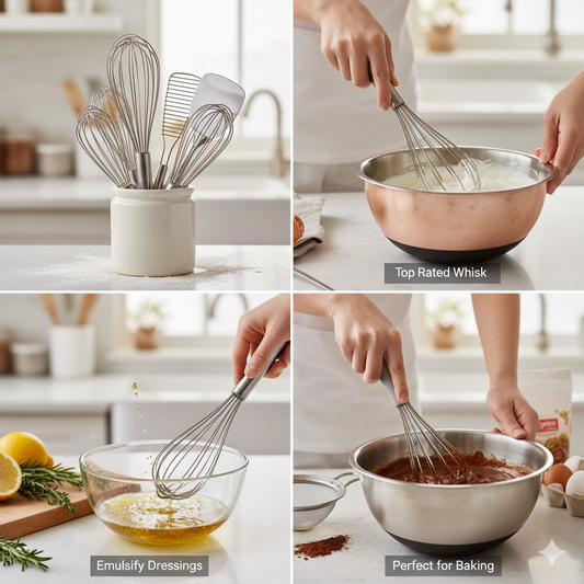 A professional kitchen setup featuring a stainless steel balloon whisk, a flat whisk, and a silicone-coated whisk next to a bowl of whipped cream and salad dressing.