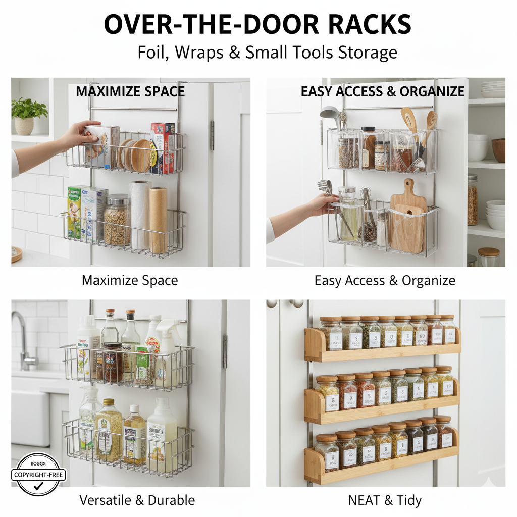 A white wire over-the-door organizer hanging on a kitchen cabinet door, holding boxes of aluminum foil, plastic wrap, and kitchen scissors.