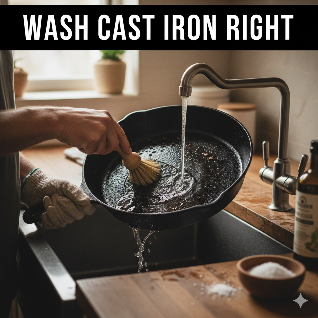A person scrubbing a warm cast iron skillet with a wooden brush under running water to maintain the seasoning.