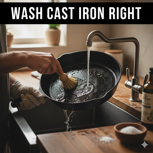 A person scrubbing a warm cast iron skillet with a wooden brush under running water to maintain the seasoning.
