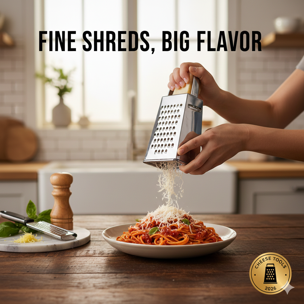 A professional stainless steel zester-style grater producing fine, fluffy clouds of Parmesan cheese over a plate of steaming spaghetti marinara.