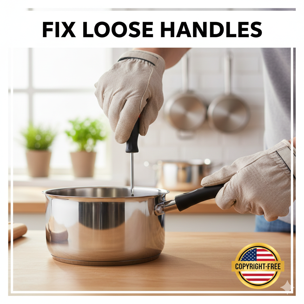 A person wearing protective gloves using a screwdriver to tighten a loose handle on a stainless steel saucepan in a modern kitchen.