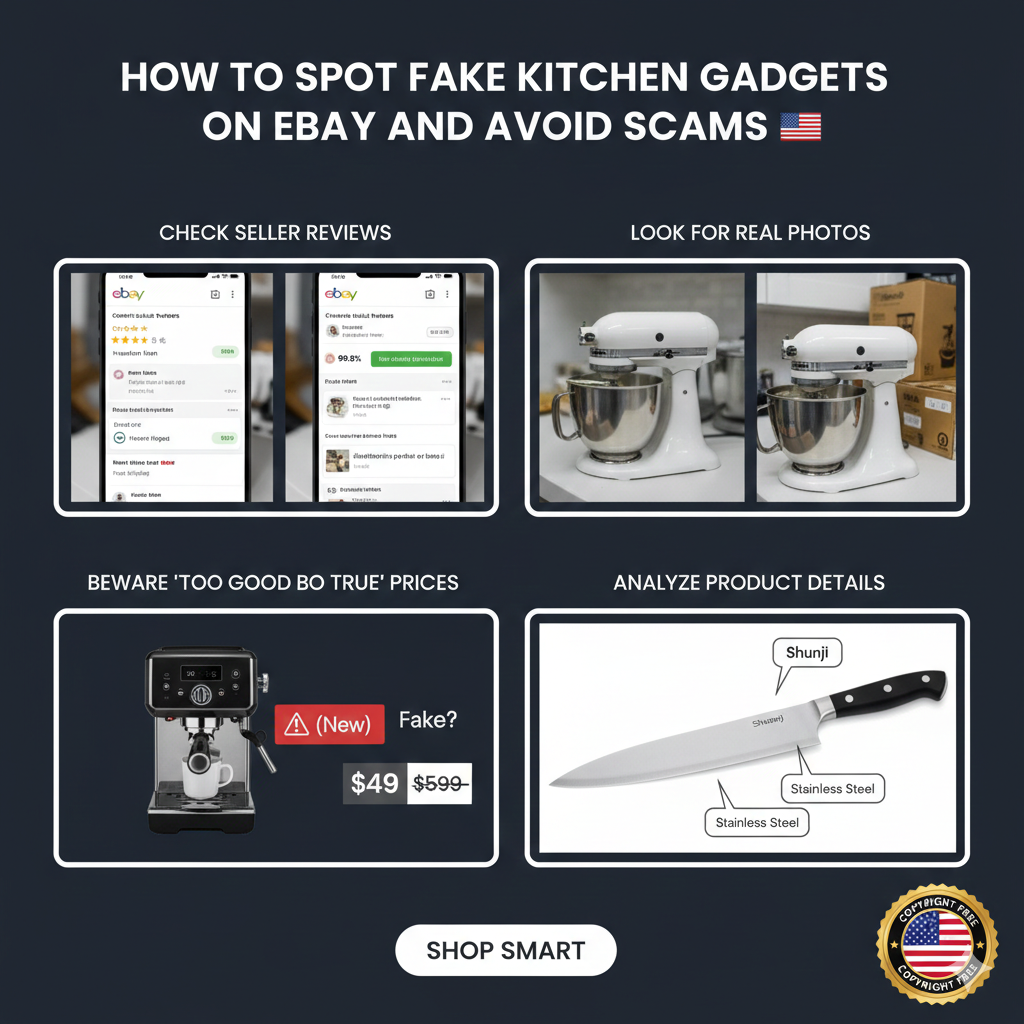 A visual checklist for eBay buyers showing how to compare a real KitchenAid mixer with a fake, highlighting logo errors and suspicious prices.