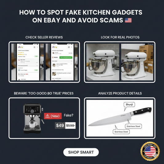 A visual checklist for eBay buyers showing how to compare a real KitchenAid mixer with a fake, highlighting logo errors and suspicious prices.