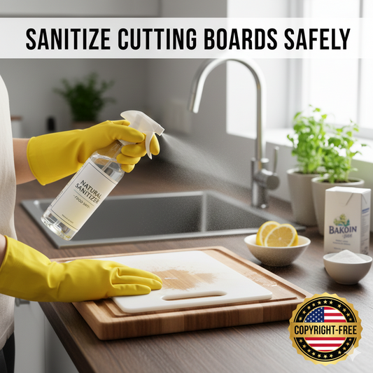 A clean kitchen workspace showing a person sanitizing a white cutting board with a spray solution to prevent bacteria growth.