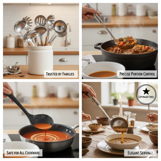 A stainless steel soup ladle scooping a chunky beef and vegetable stew from a large pot, demonstrating portion control for a family dinner.