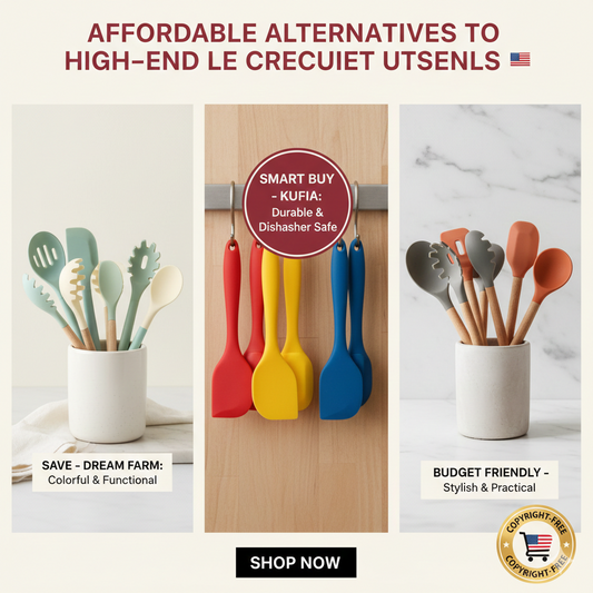 A comparison of colorful silicone and wood kitchen utensils that serve as affordable alternatives to high-end designer brands.