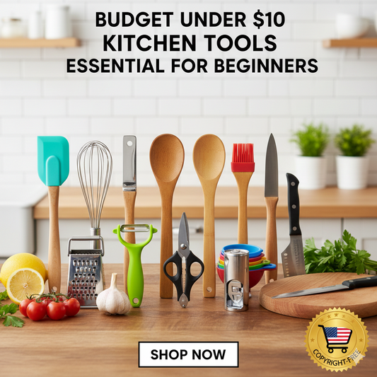 A collection of essential budget kitchen tools under $10, including a silicone spatula, wooden spoons, a vegetable peeler, and measuring cups on a wooden counter.
