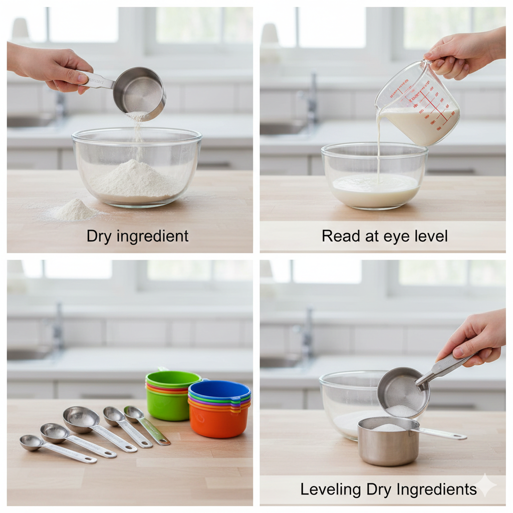 A set of stainless steel measuring spoons and nested metal measuring cups on a wooden countertop next to a clear glass liquid measuring cup.
