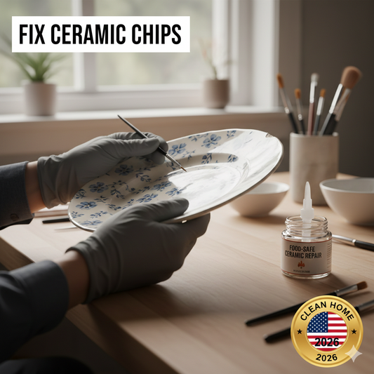 Close-up of hands in gloves using a fine brush to apply food-safe ceramic repair filler to a small chip on a white dinner plate.