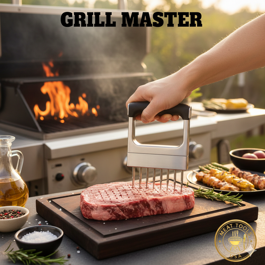 A heavy-duty stainless steel meat mallet tenderizing a thick ribeye steak on a wooden board next to a hot outdoor grill.