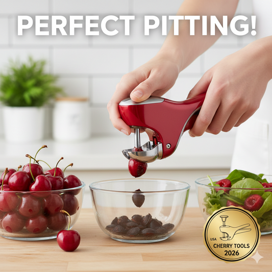 A red handheld cherry pitter being used over a clear glass bowl to cleanly remove pits from fresh cherries for a summer salad.