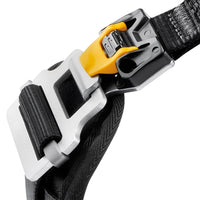 Close-up of Petzl SEQUOIA SRT FAST LT PLUS buckle for quick leg loop adjustment