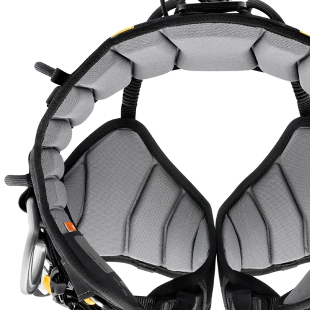 Close-up of Petzl SEQUOIA SRT harness showing padded waistbelt and leg loops for maximum comfort