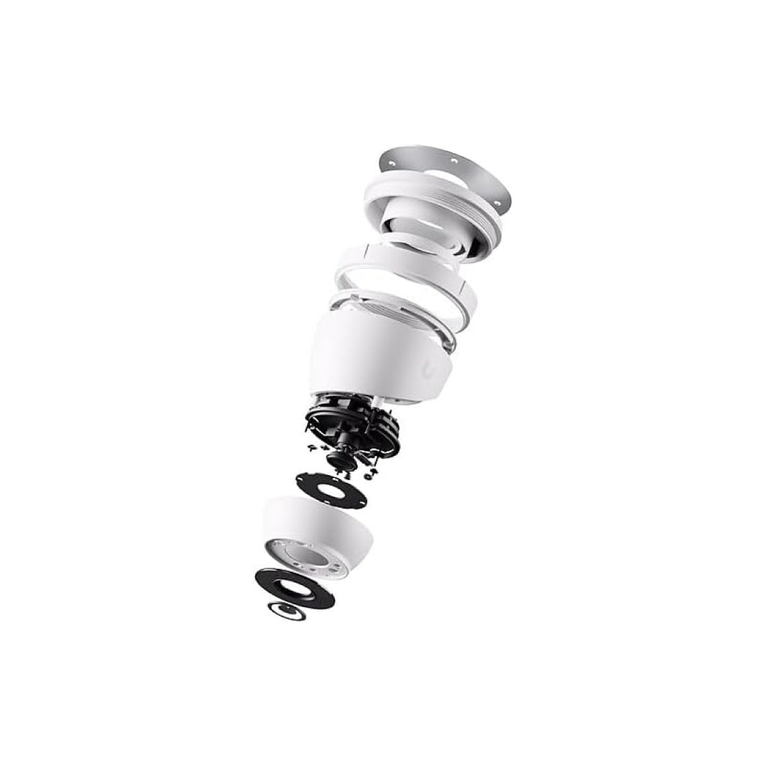Ubiquiti G5 Turret Ultra internal structure – exploded view showing advanced lens, image sensor, and internal components for precision imaging.