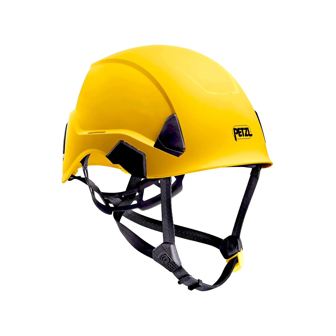 Yellow helmet with black straps