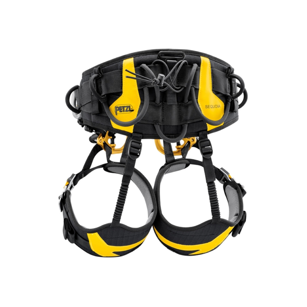 Rear view of Petzl SEQUOIA SRT harness showing gear loops, tool holders, and yellow detailing on the waistbelt and leg loops