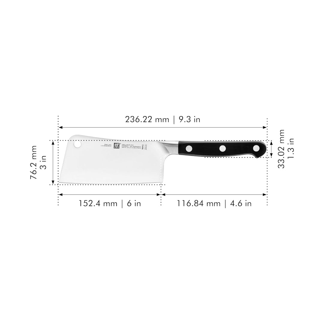 Size chart showing measurements of Zwilling 6-inch meat cleaver with blade and handle dimensions