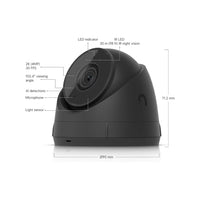Side view of AI 2K Dome Security Camera in matte black showing labeled parts including LED indicator, IR night vision, 2K (4MP) lens, microphone, and light sensor.