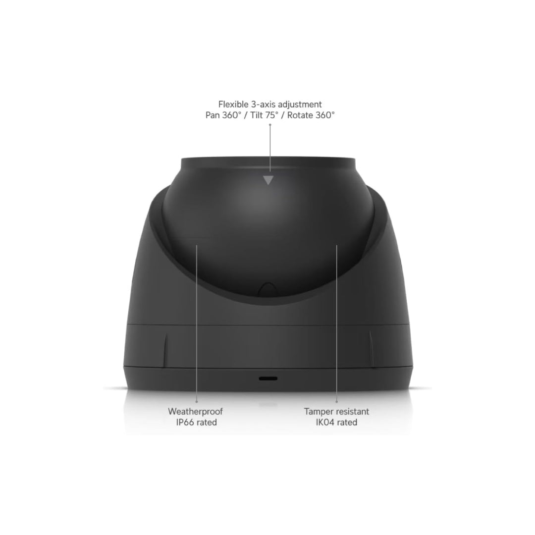 Back view of AI 2K Dome Security Camera showing flexible 3-axis adjustment for 360-degree rotation, 75-degree tilt, weatherproof IP66 and tamper-resistant IK04 rating.