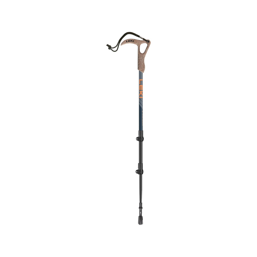 Full view of LEKI Wanderfreund High Fives hiking pole with cork grip and adjustable aluminum shaft, ideal for trekking and outdoor walking support.