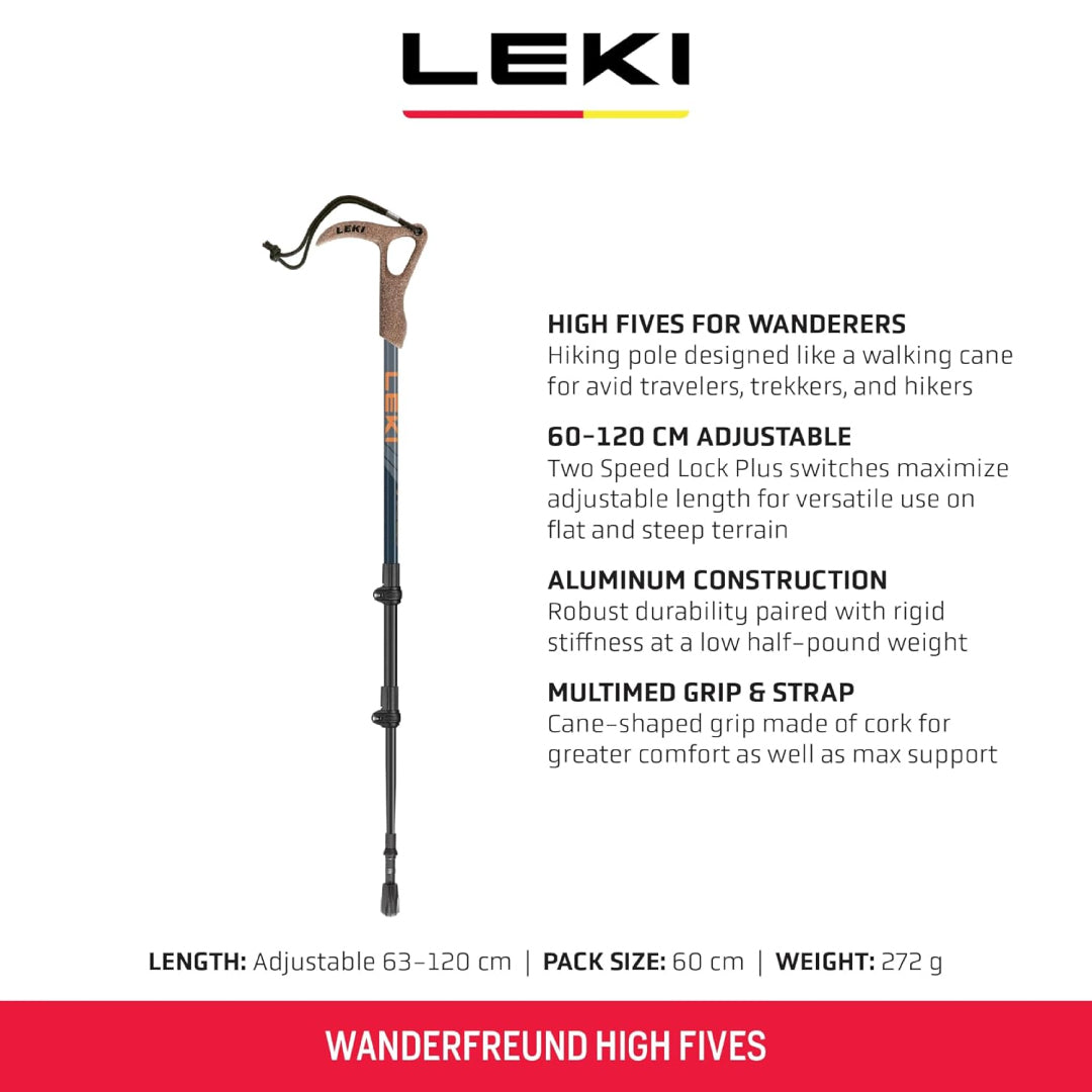 Close-up of LEKI Wanderfreund High Fives hiking pole tip with non-slip rubber base for superior traction on varied outdoor terrain.